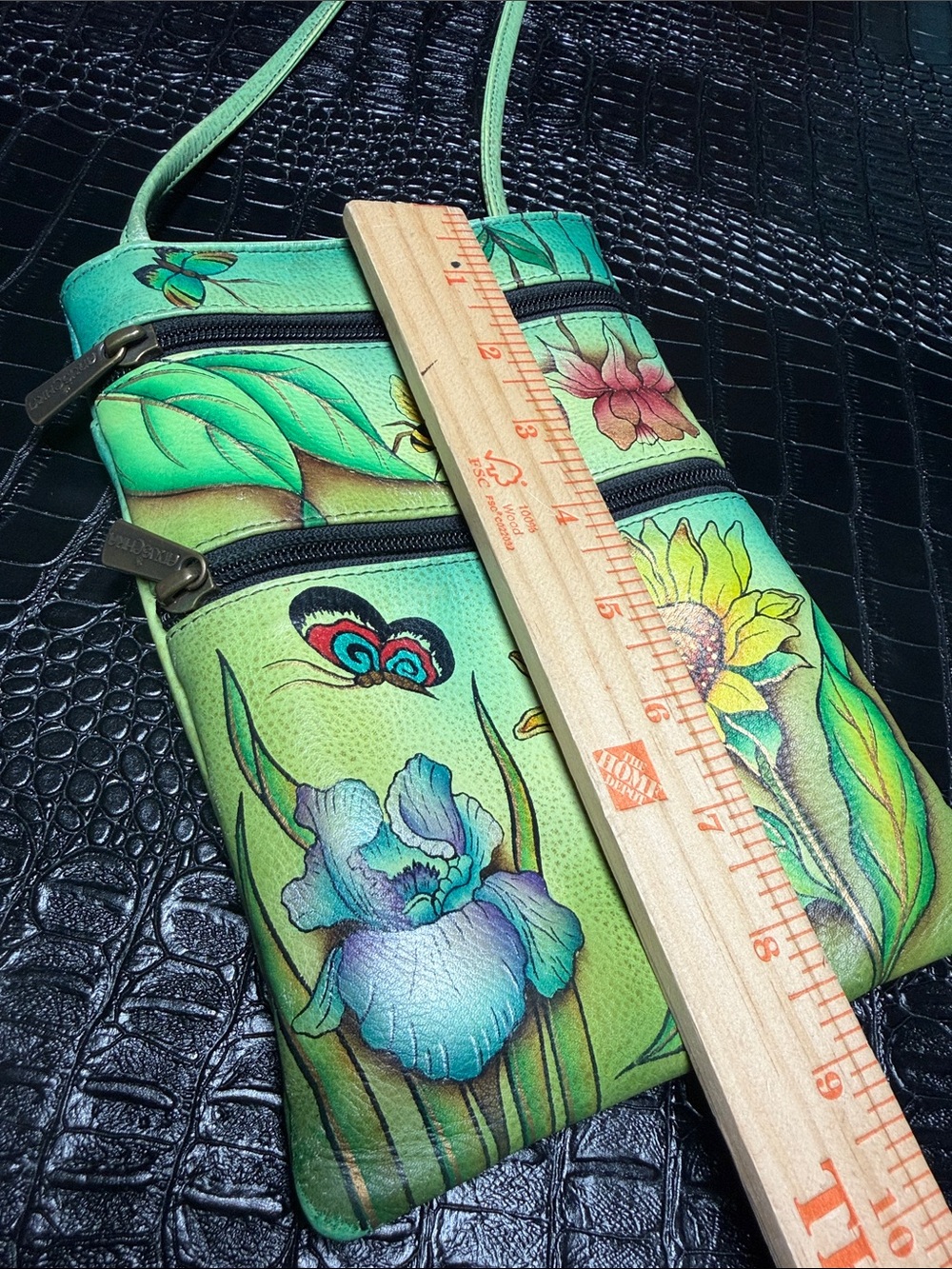 Anuschka Green Hand-Painted Floral & Butterfly Crossbody - Picture 11 of 16